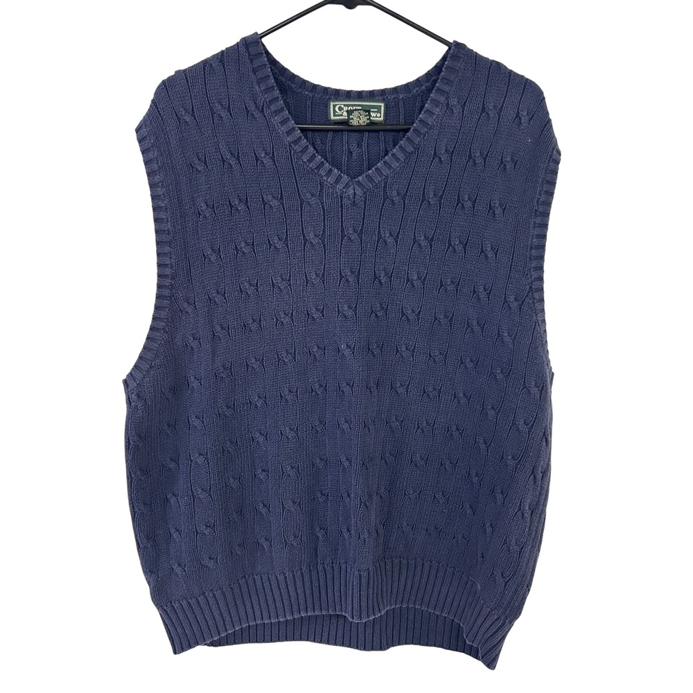 Cotton‎ Cable Knit Sweater Vest V Neck Large Navy Preppy Academia Golf Classic
